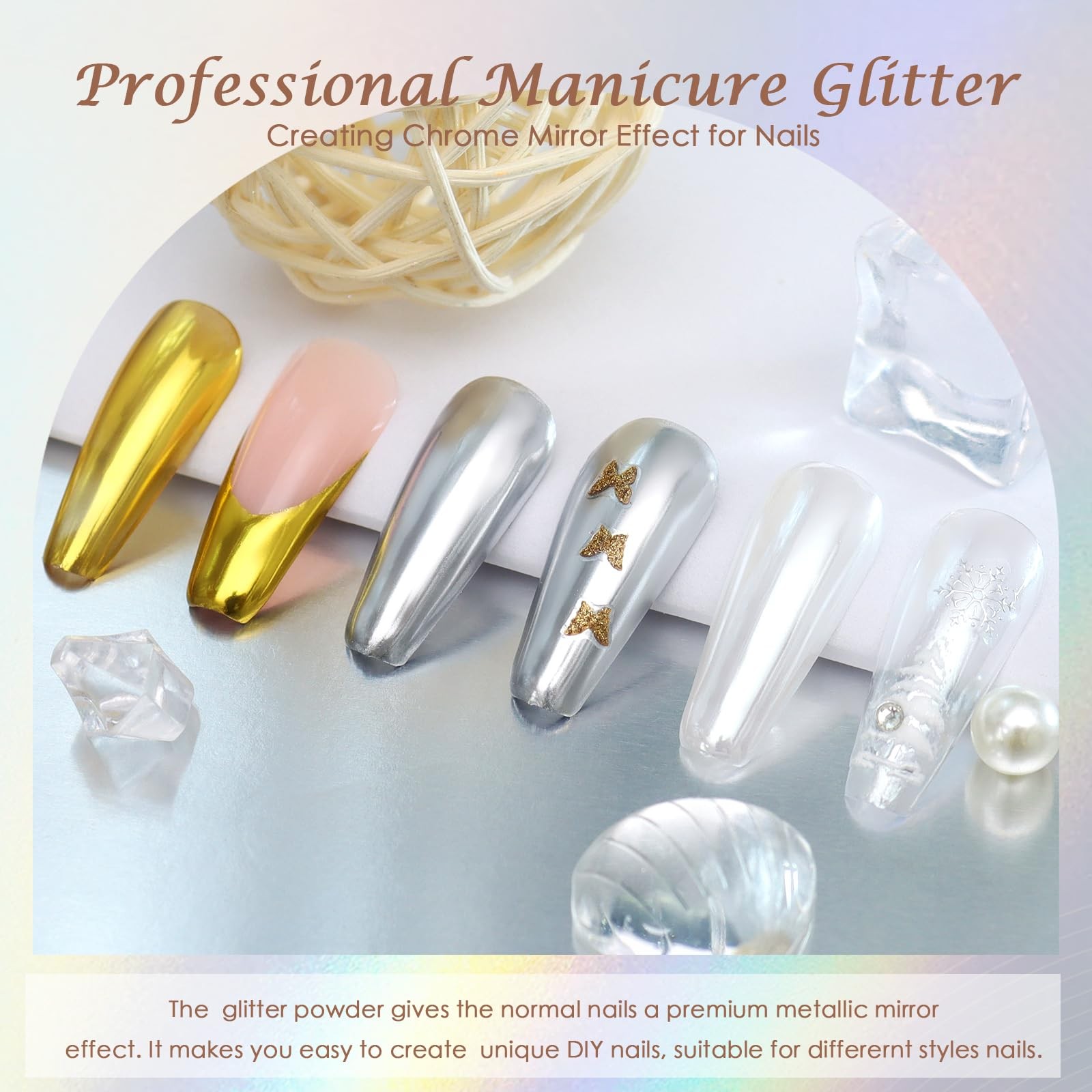 3 Colors Chrome Nail Powder Mirror Effect Metallic Dust Holographic Glitter G…