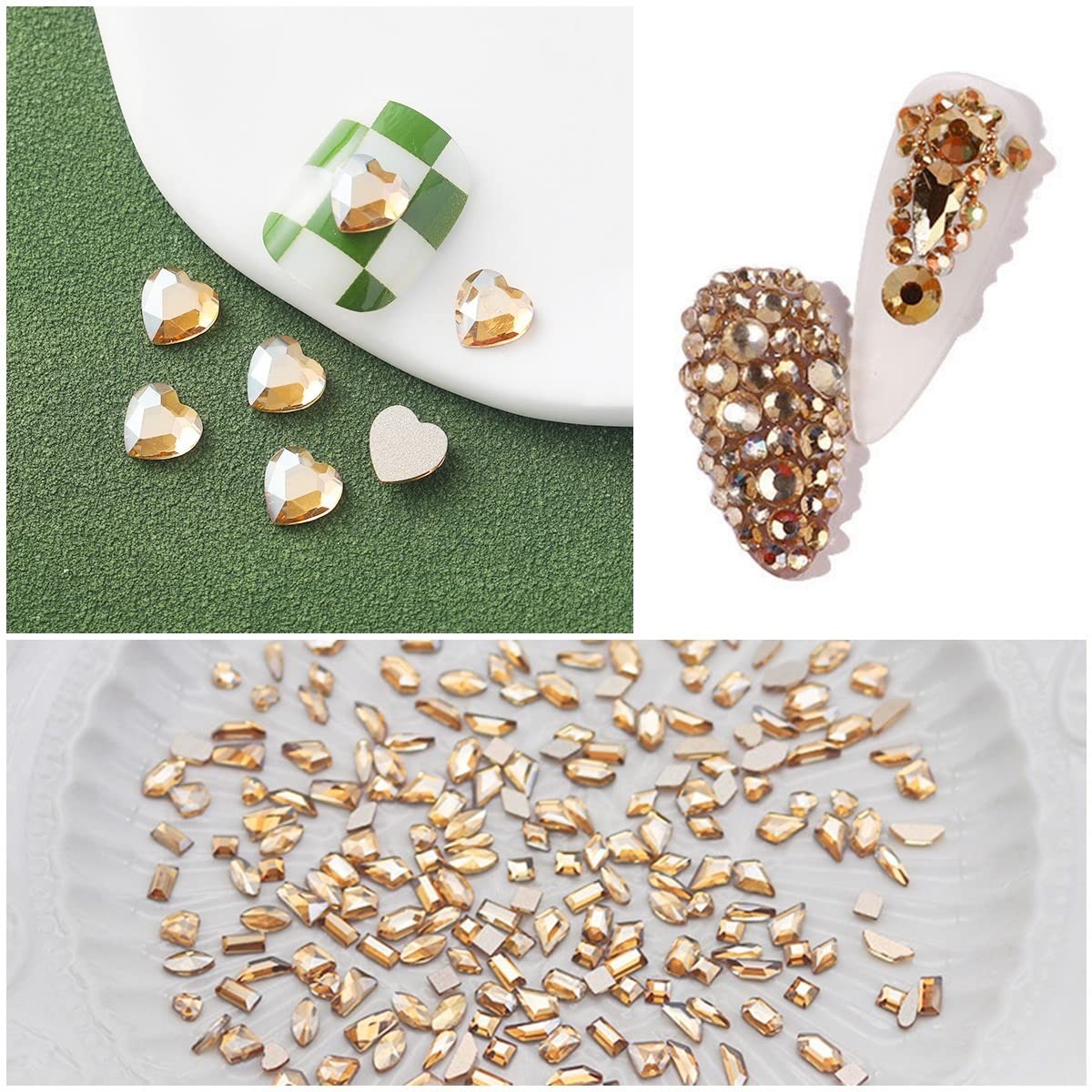 2052Pcs Golden Rhinestones for Nails 72pcs Multi Shapes Crystals