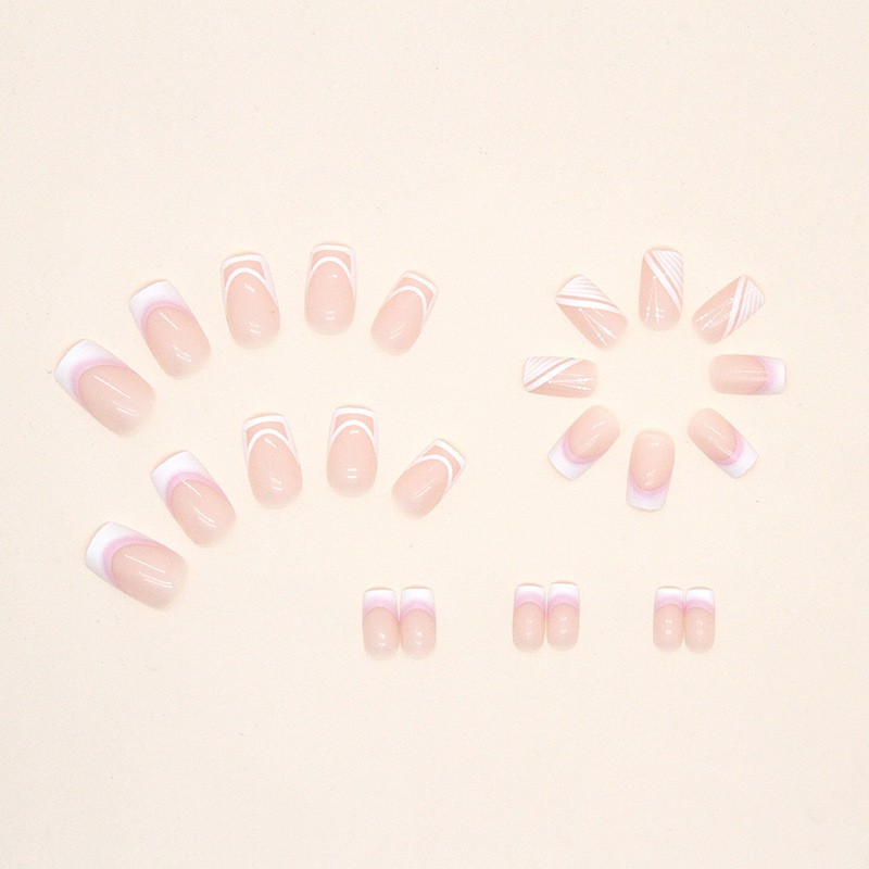 48Pcs-Minimalist White Line Press on Nails Glossy Long Square Nail Art Set