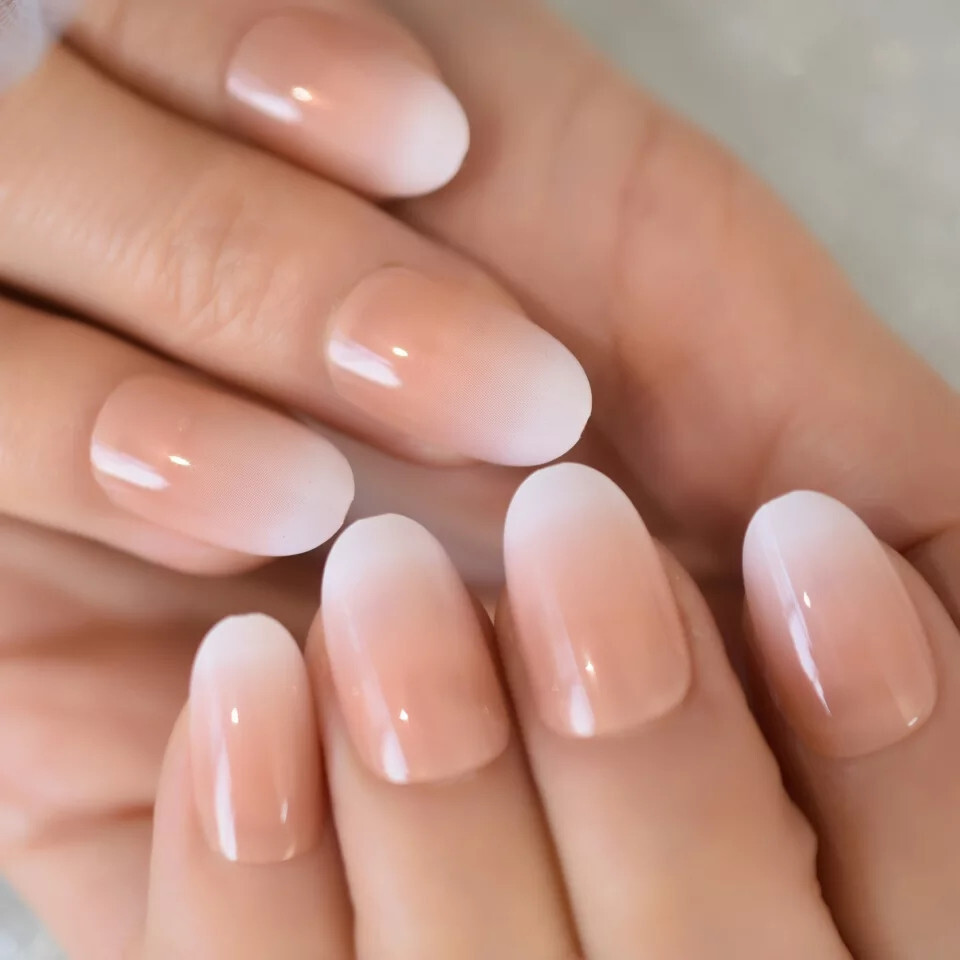 24 Medium Press on Nails kit glue on ombre french almond white nude