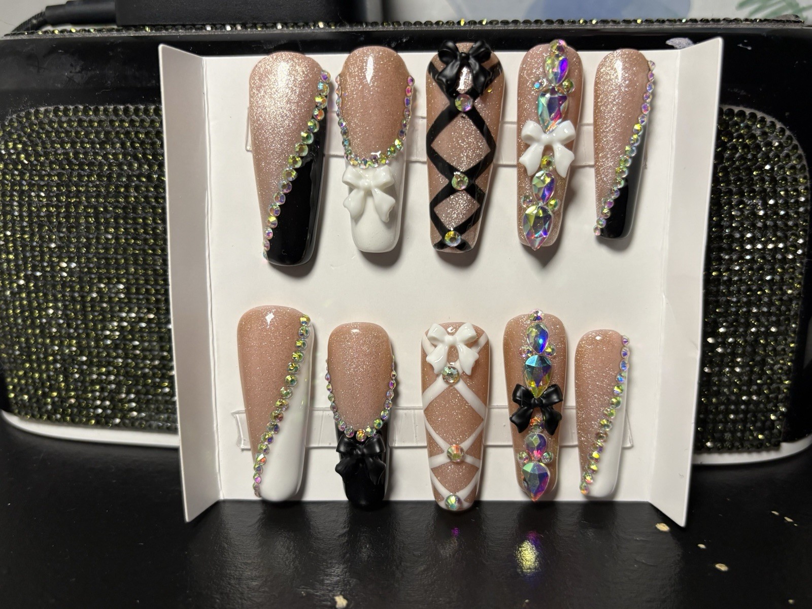 Long Coffin Glitter Bow Diamond Press-On Nails Nude Black White Acrylic