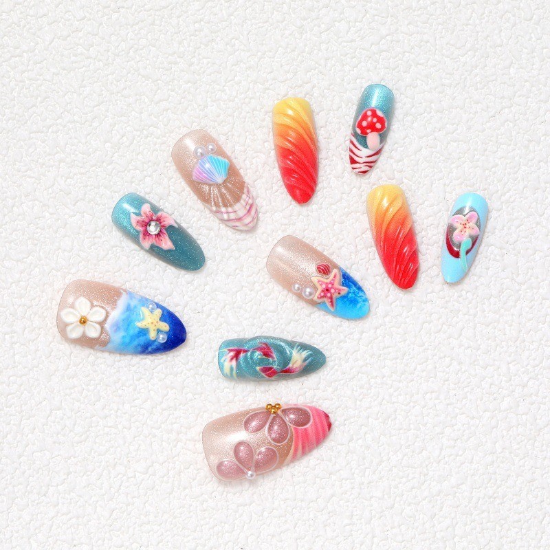 30Pcs-Colorful Fake Nails Medium Almond Ocean Goldfish Mushroom Tropical Nails