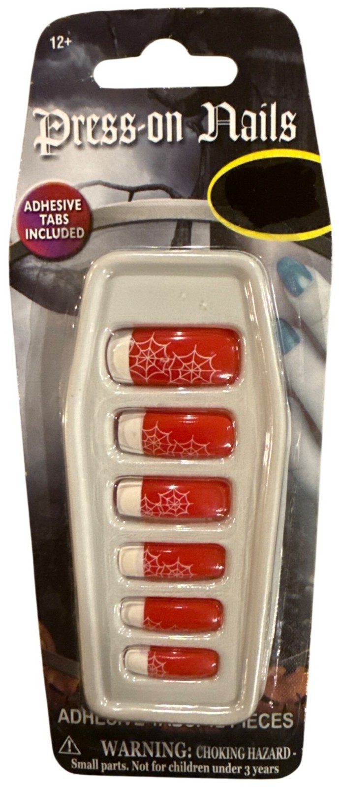 HALLOWEEN 12 Press-On Nails SPIDER WEBS Red+White Artistic Glossy Finish Playful
