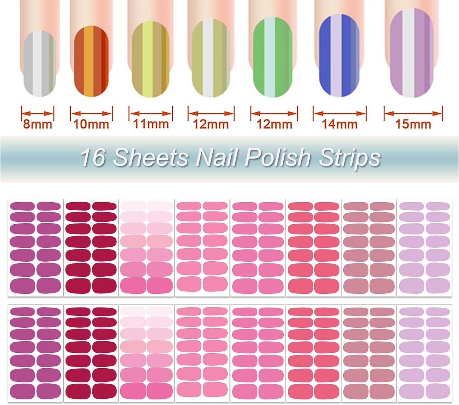 DANNEASY 16 Sheets Nail Wraps for Women Polish Strips Solid Pink, Red