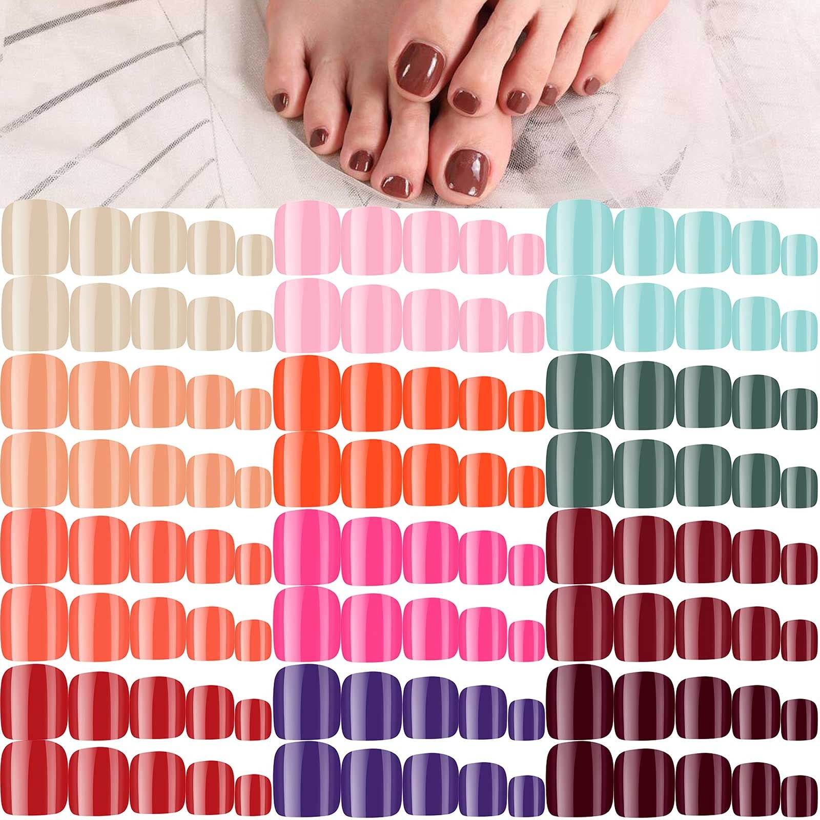 288 Pieces Short Square Press On Toe Nails Glossy Artificial Nail Set