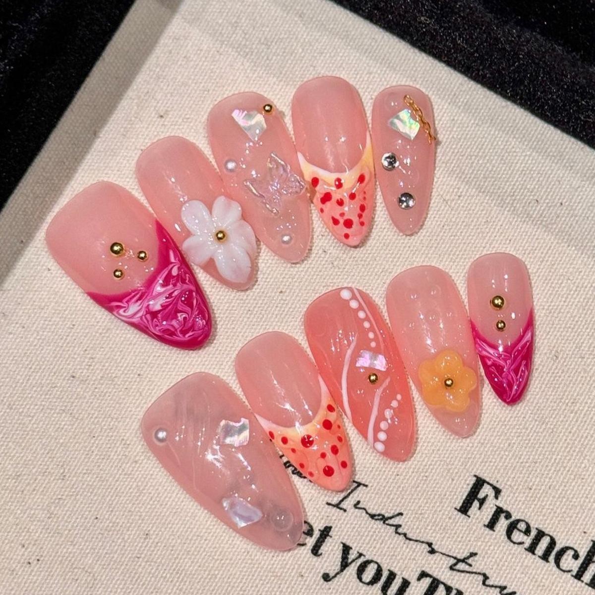 Handmade Colorful Full Stone Press On Nails Short Square Shimmery False Nails