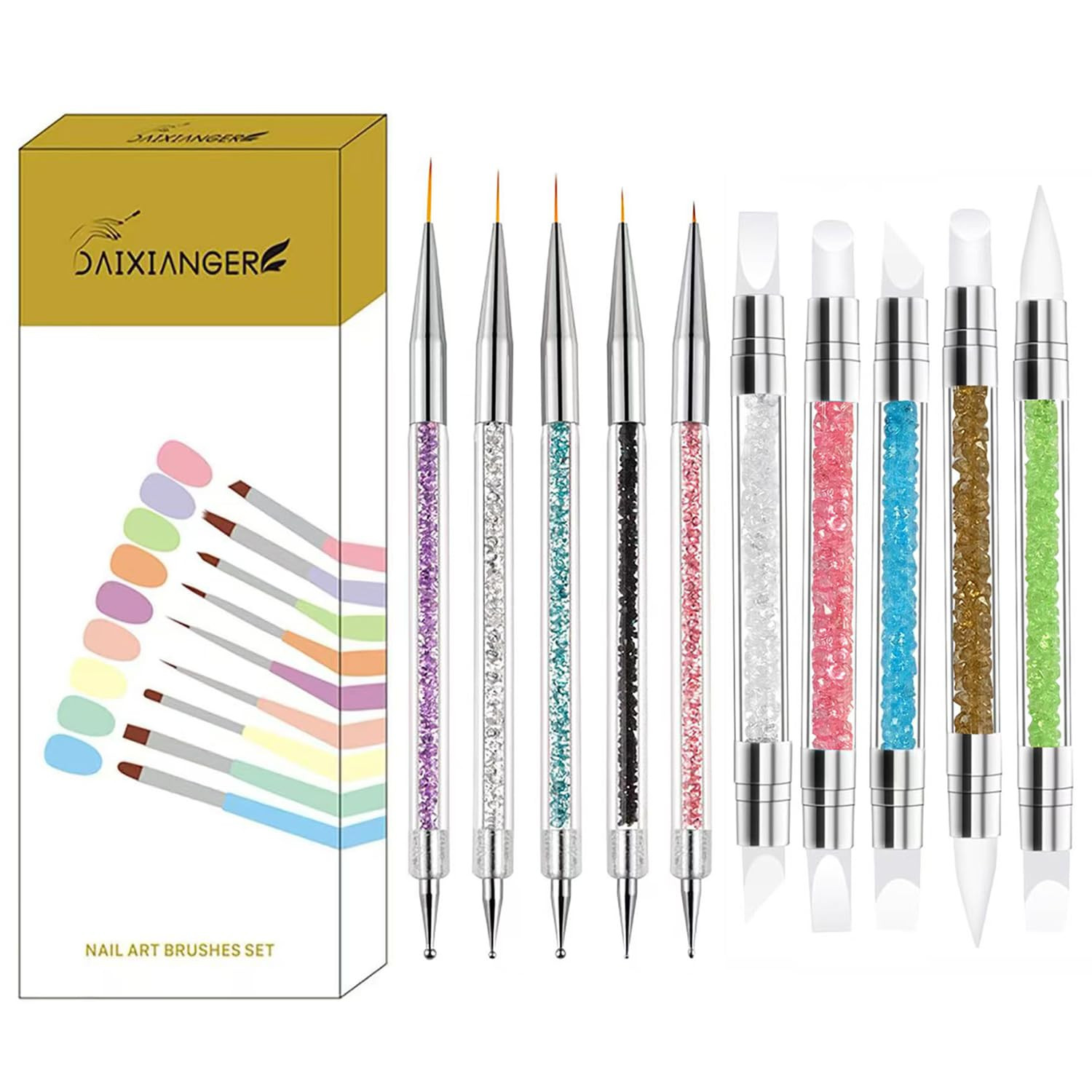10Pcs Double Ended Nail Art Tool Set, Rhinestone Handle Nail Brushes with Ultra