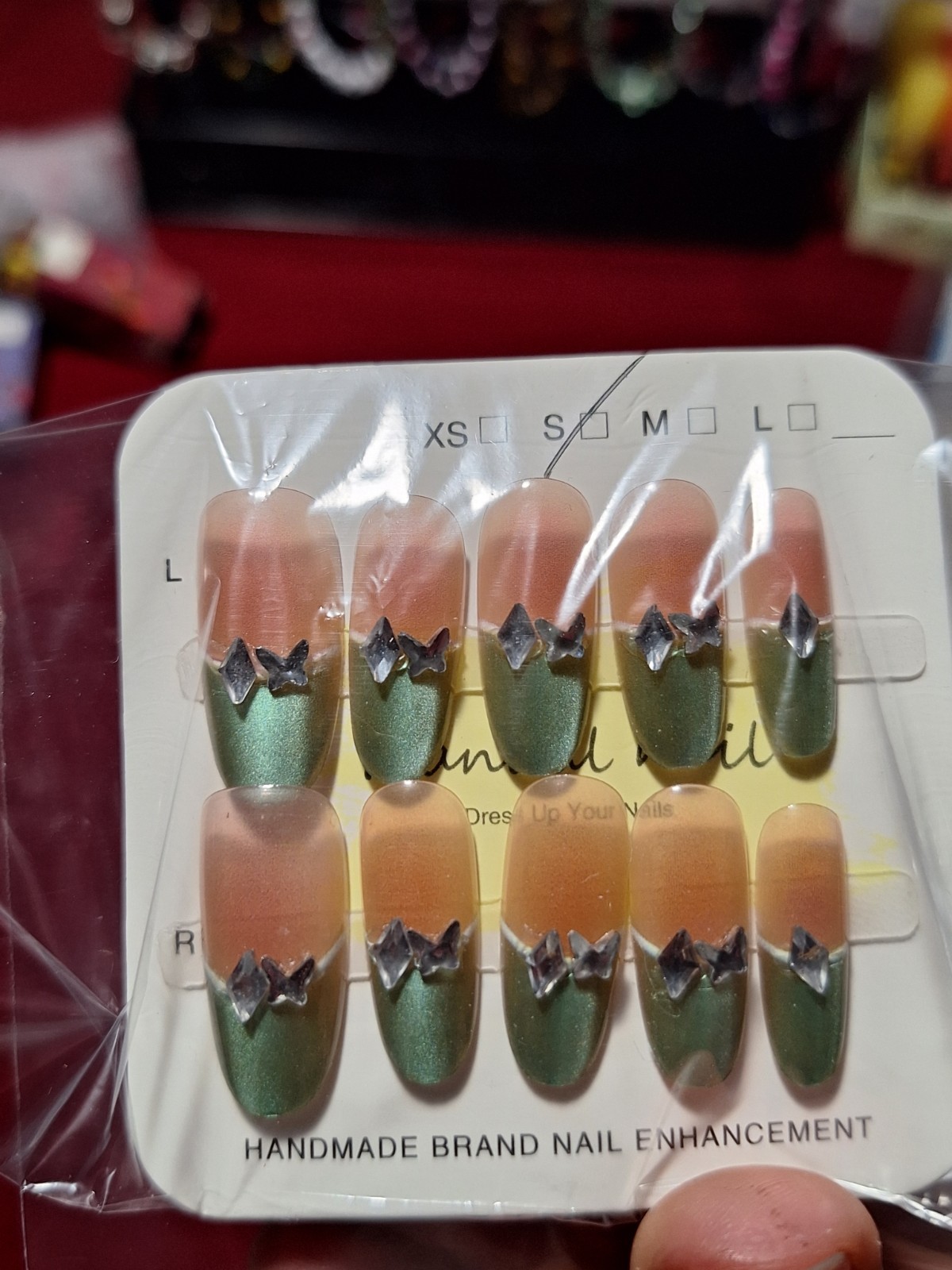 Handmade Small Press-On Nails Green Peach Square Butterfly 3D Full Cover