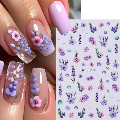 Flower Nail Stickers for Nail Art Spring Nail Decals 6PCS 3D Blue Purple Pink
