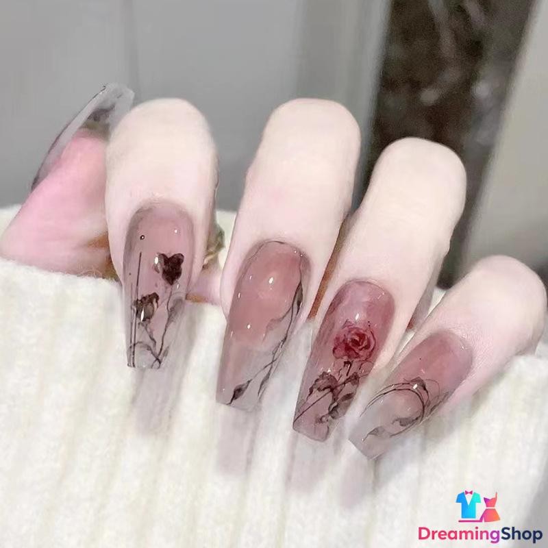 24xFake Nail Gradient Smudged Ink Chinese Style Long False Nails Press On Nails