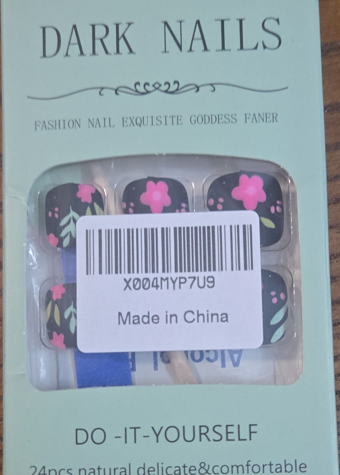 Dark Nails Press-On Nails Black Pink Green French Square Flower Full Cover