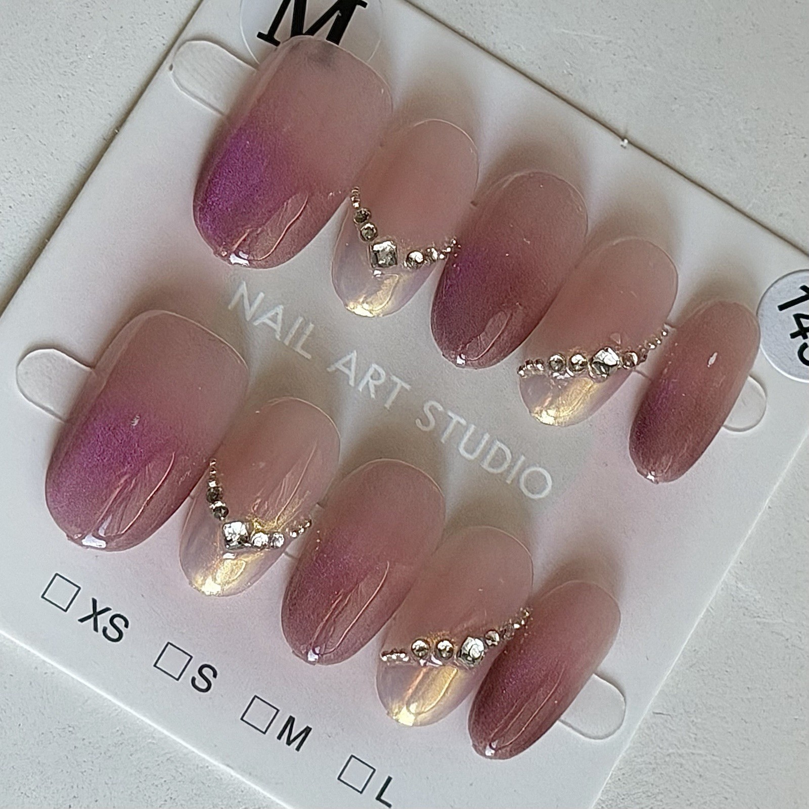 Handmade Pink OmbrePress-On Nails with Rhinestone Reusable Fake Nail Short Oval
