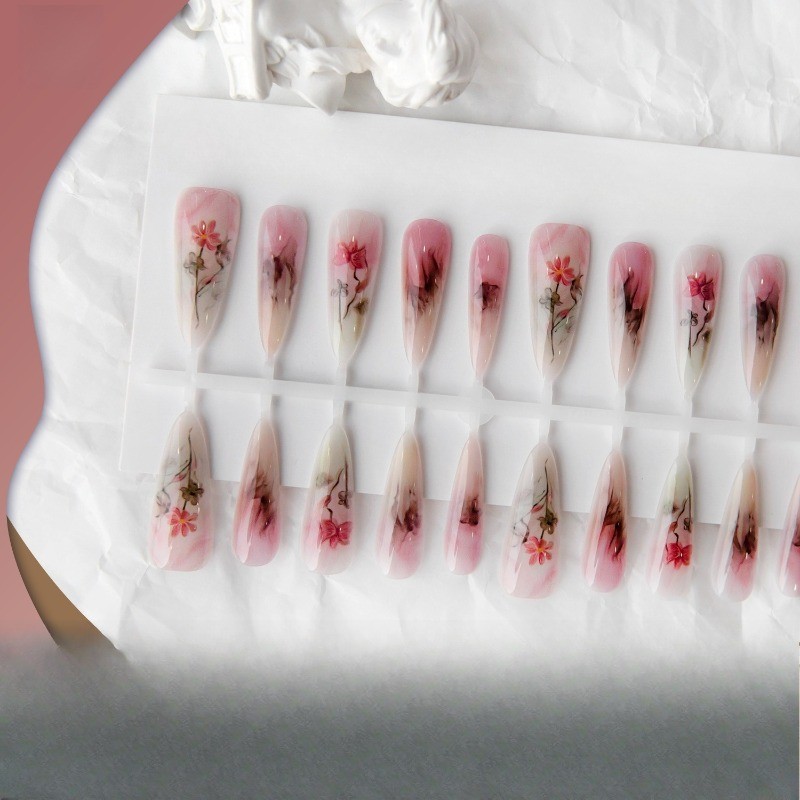 80Pcs-Ink Wash Pink Floral Coffin Press on Nails Gradient Nude Glossy Fake Tips