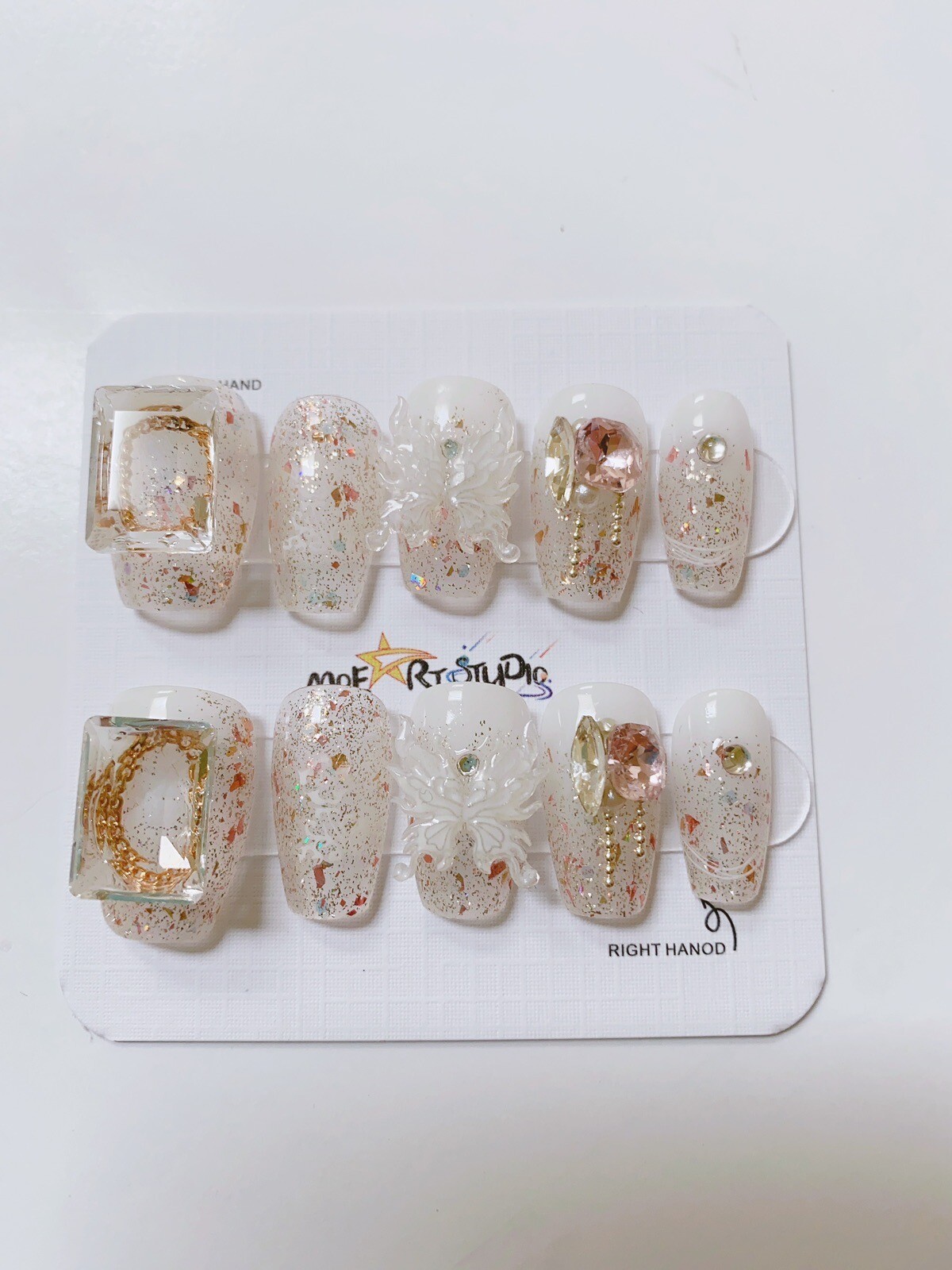 Nails Handmade press on nails 3D Butterfly Chain Square size M