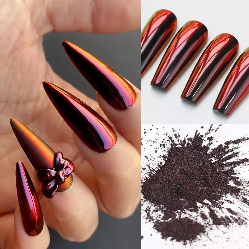 RED to BLACK Chameleon Mirror Nail Powder Duo Chrome Pigment Colour Shift H12