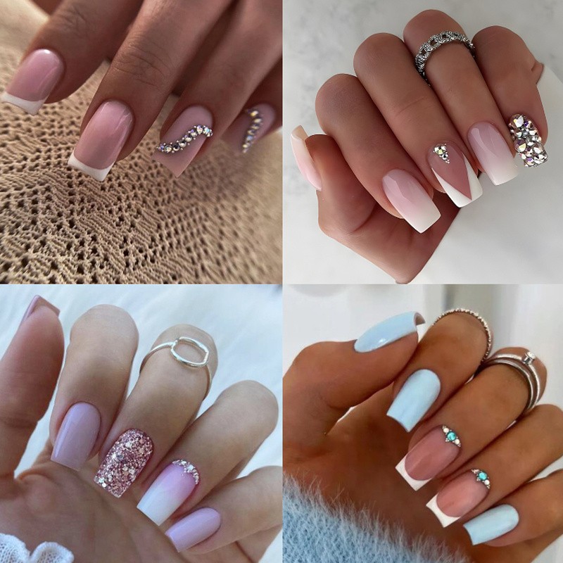 96PCS Elegant Gradient Press On Nails Rhinestone Decor Manicure for Office Daily