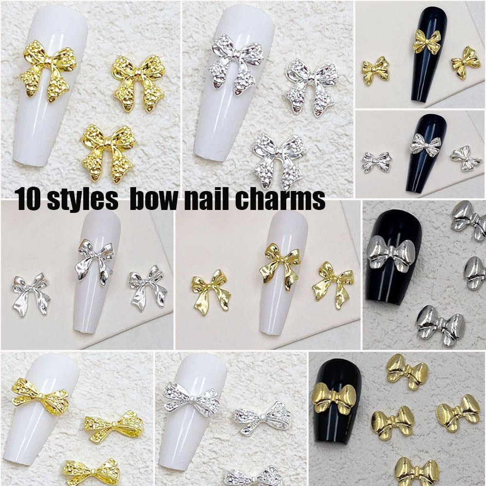 100 PCS Gold Bow Nail Charms Silver Bow Charm for Nail Bowknots Nail Art Charms