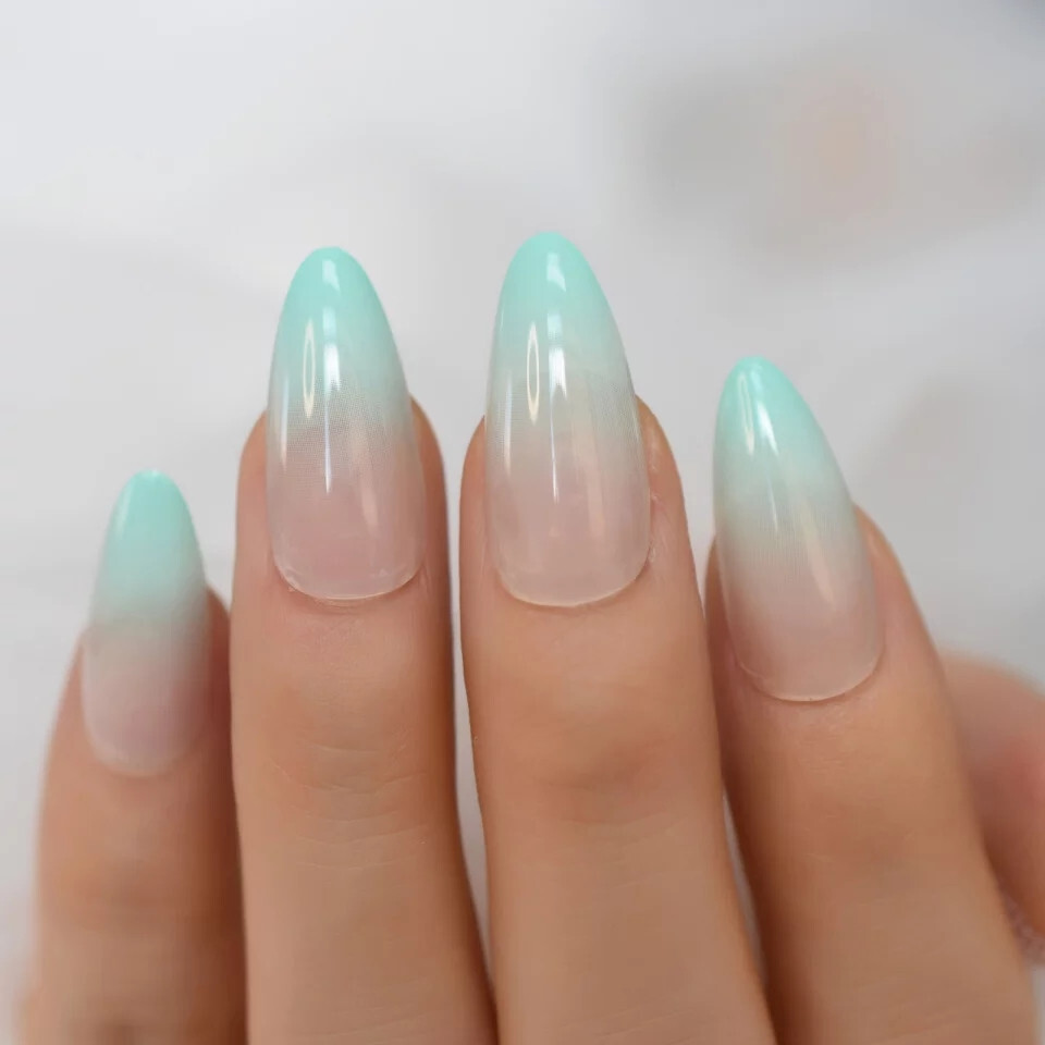24 Press on nails kit w glue mint green ombre french almond pastel
