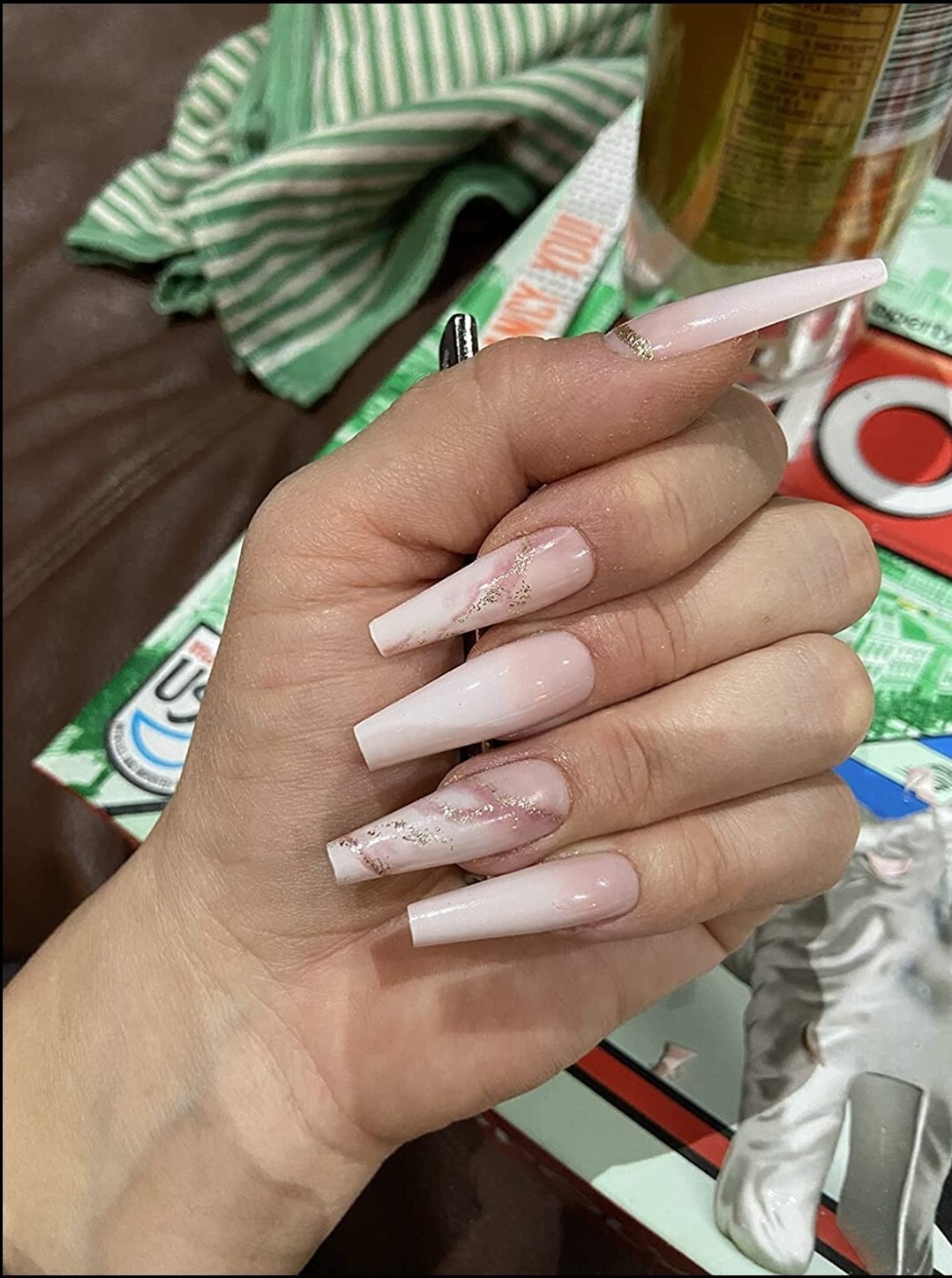 24 White ombre Marble Press on nails kit glue extra long pink nude gold