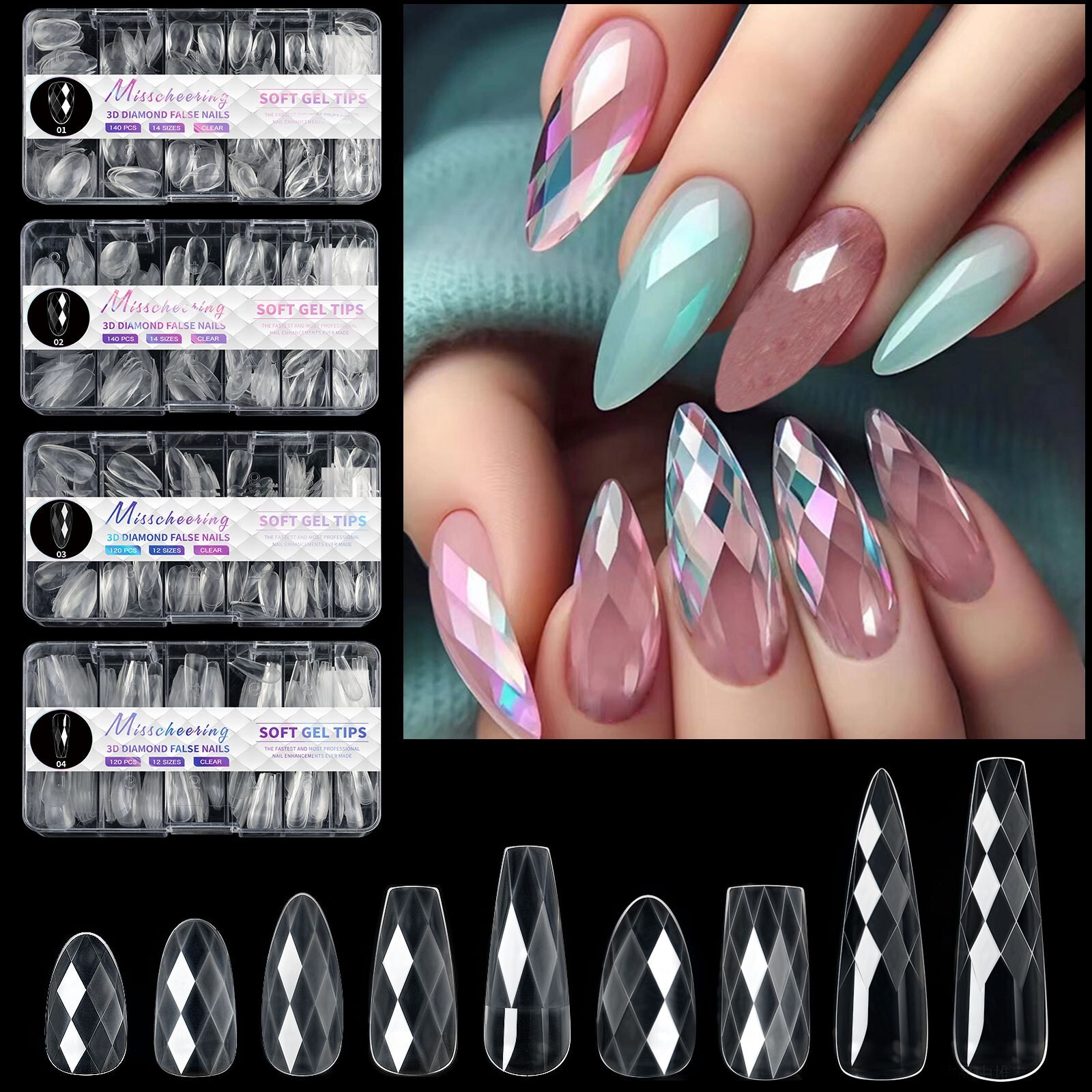 1 Box Ballerina Almond Square False Nail Art Tips Diamond Shape Press on nails