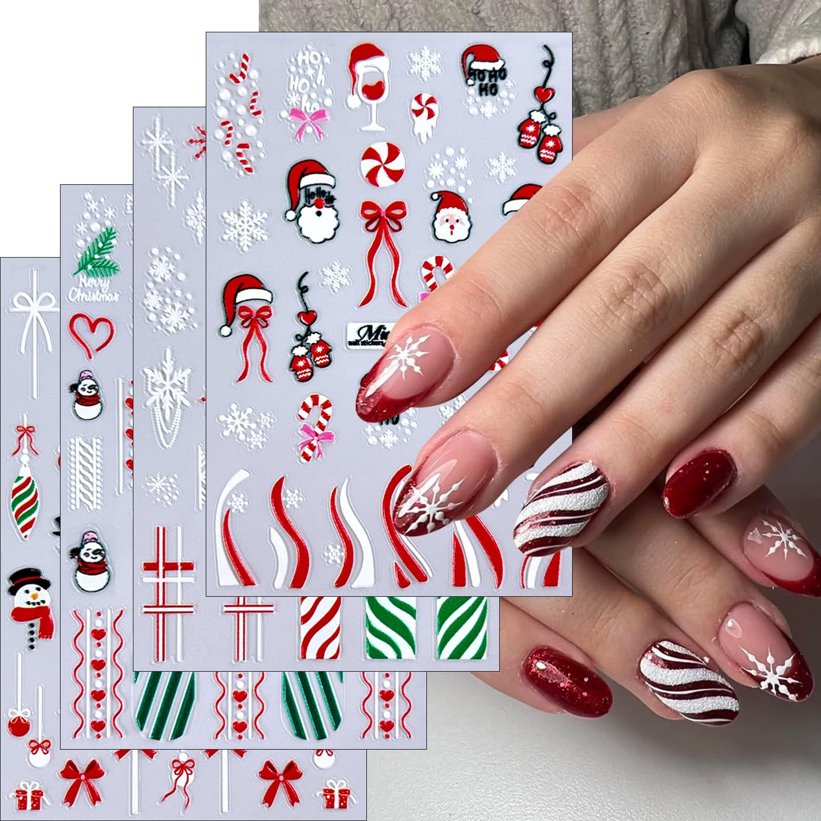4Sheets Christmas Nail Art Stickers Hot White Lattice Santa Claus Nail Sticke…