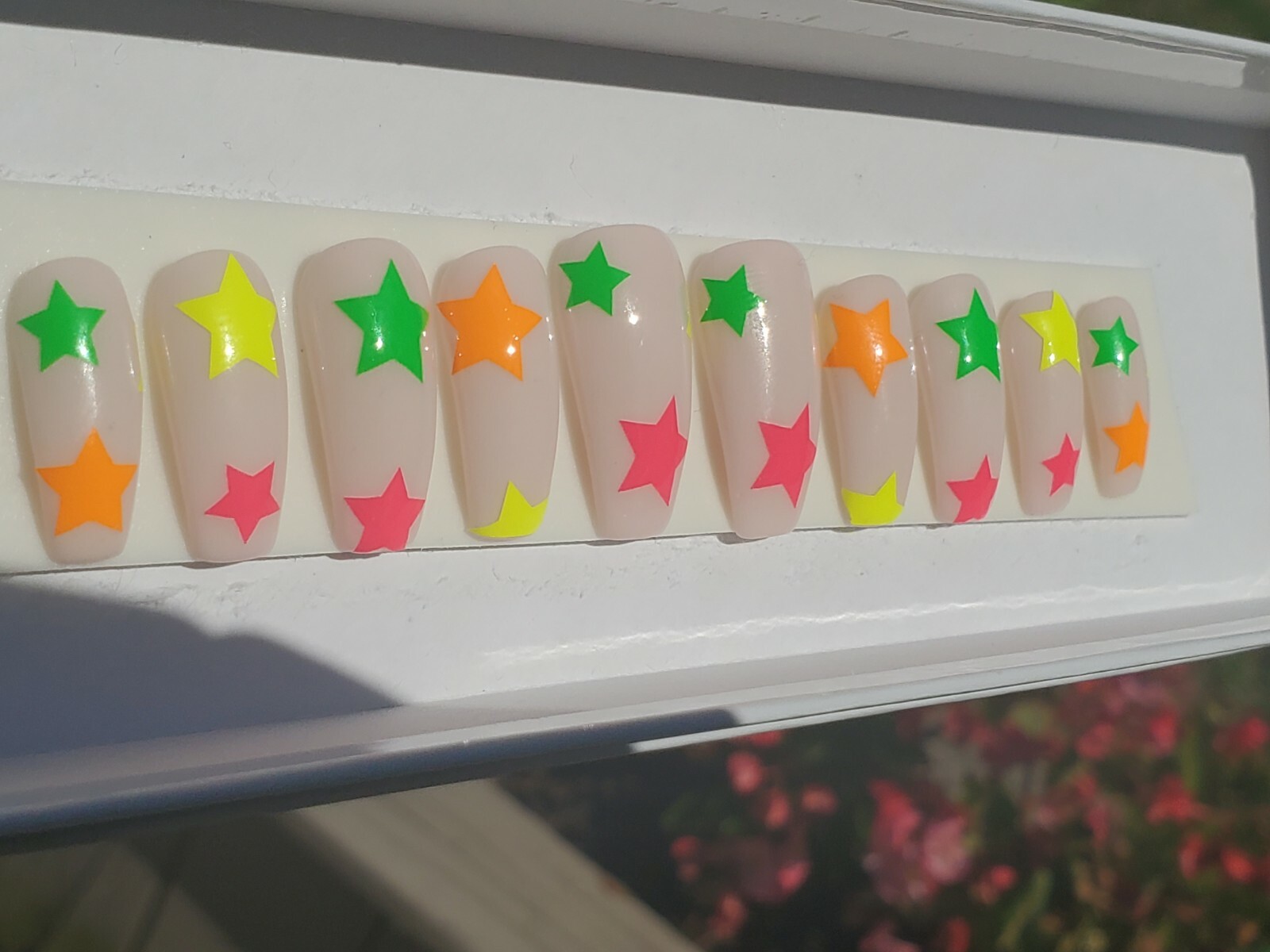 Nude & Neon star nails pink yellow orange green press on nails short coffin