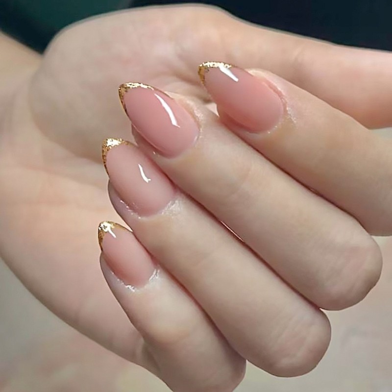 24Pc Middle Length Glitters Fake Nail Gold Trim French Tips Press On Nail
