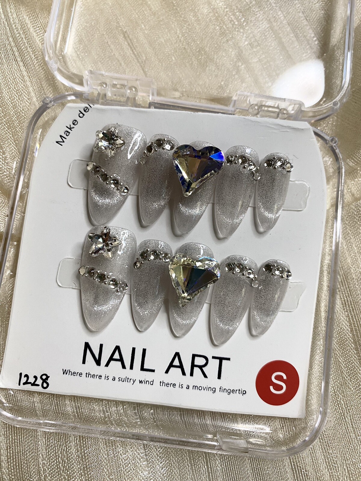 Handmade Gel Press On Nails Crystal Rhinestone Bow Heart Glitter Reusable Size S