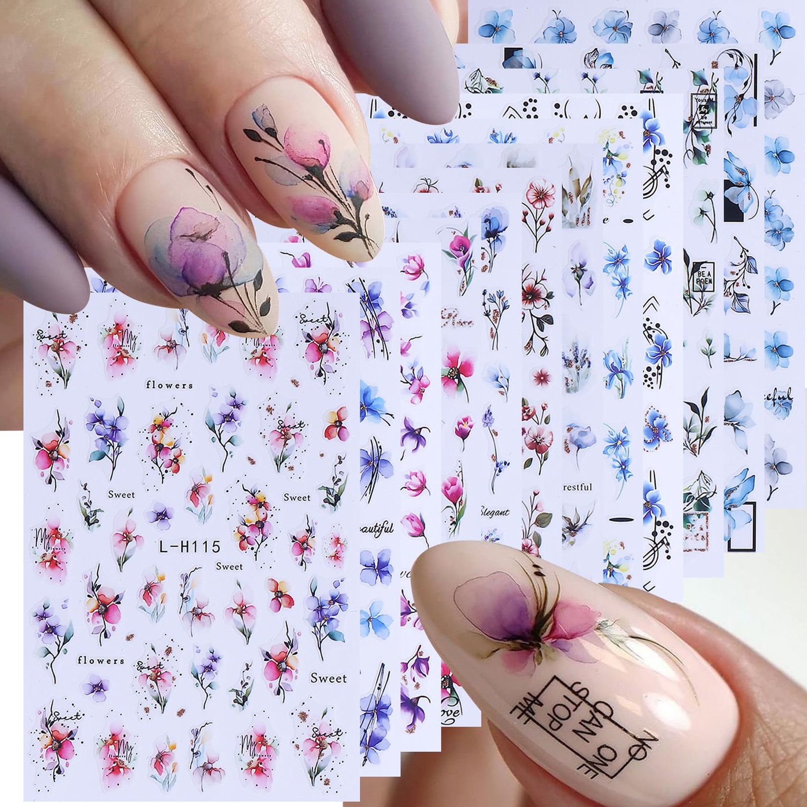 Ink Flower Nail Art Stickers 12 Sheets 3D -Adhesive Nail Decals with Tweezers…