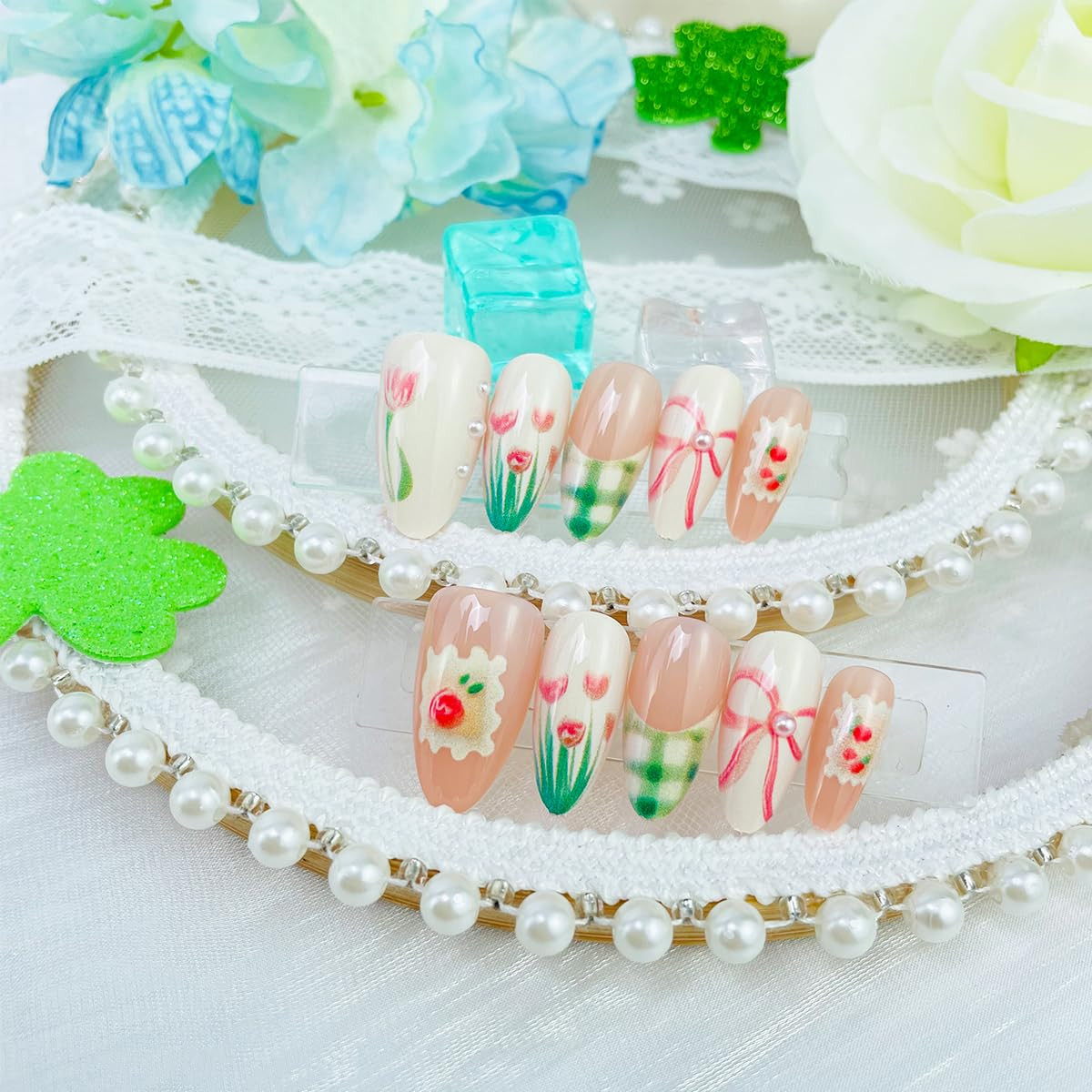 Cute Spring Press on Nails Almond Shape Medium Fake Nails with Small Flower Stra