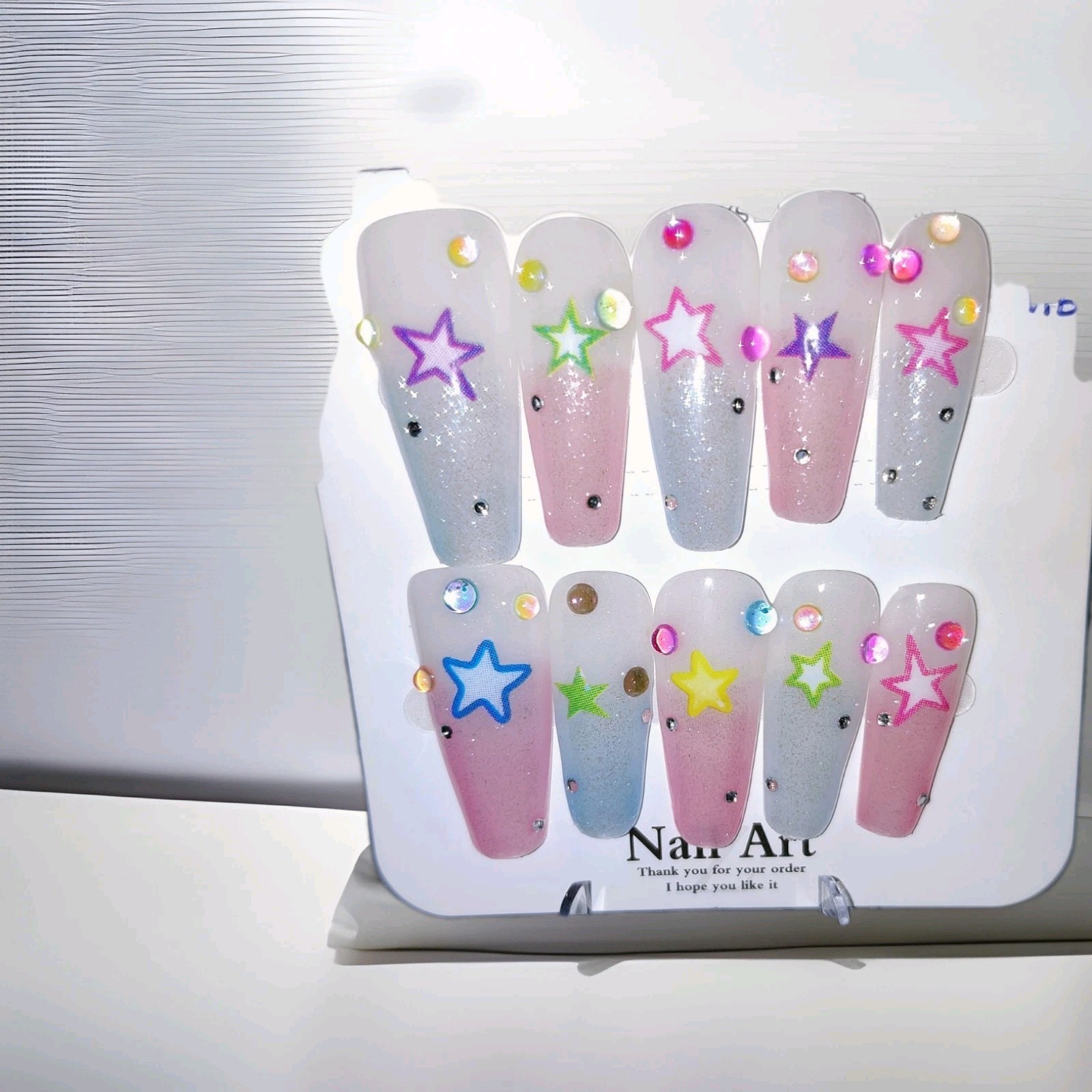 Pink Blue White Multicolor Glitter Star Long Coffin Press-On Nails Full Cover
