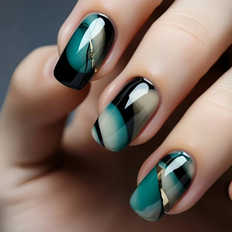 24PCS Green Striped Press on Nails Short Square Gradient Fake Nails