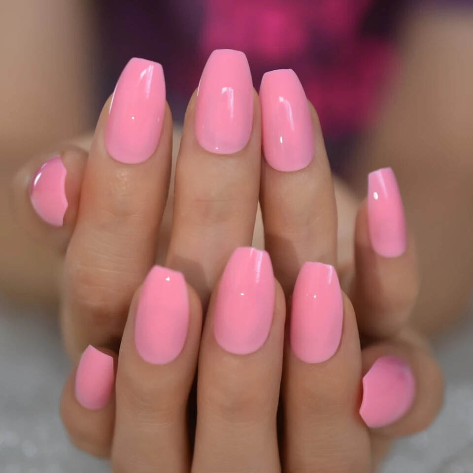 24 Medium Press on nails kit w glue bright pink coffin barbie