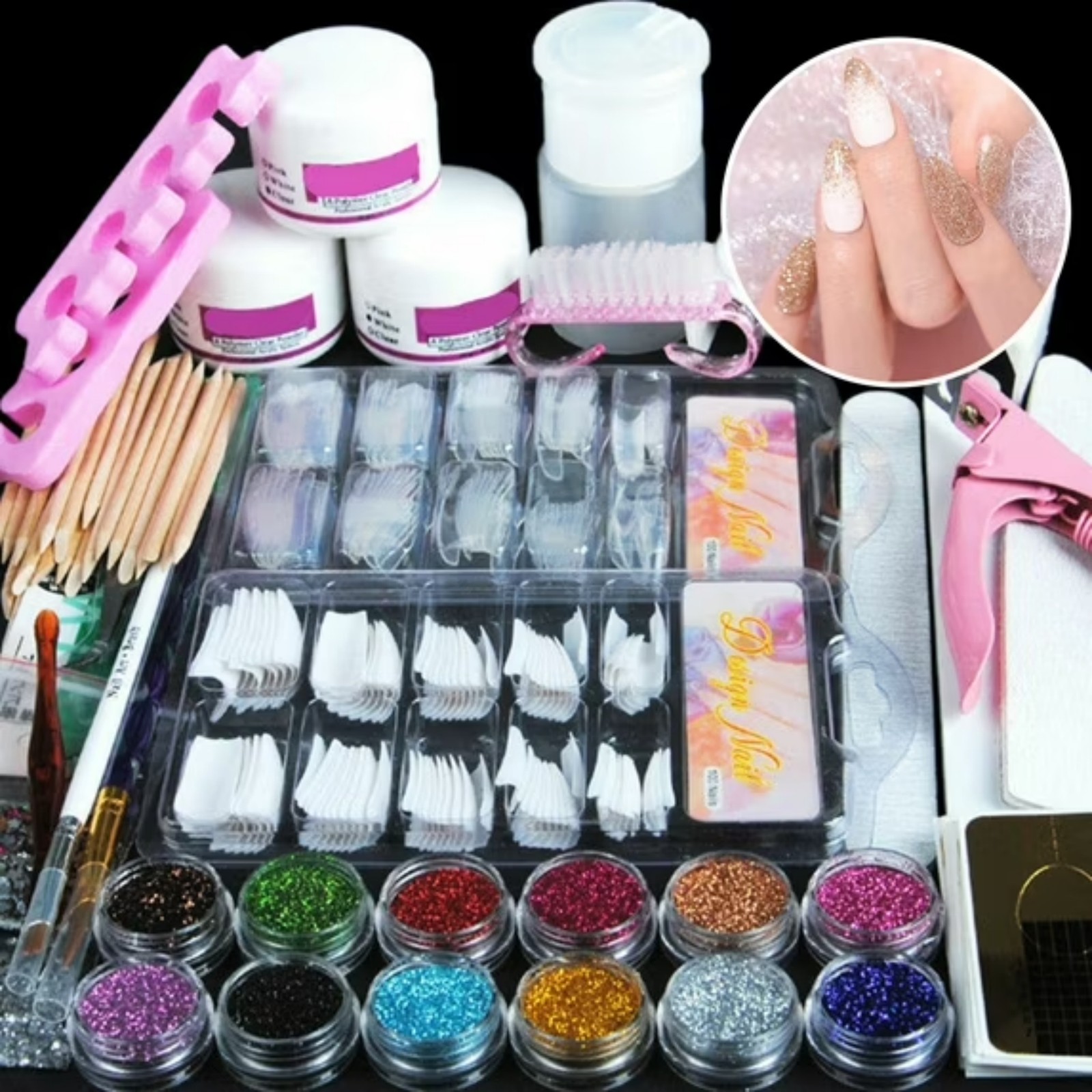 Beginner Acrylic Manicure Kit With Phototherapy Gel & 12 Glitter Powders