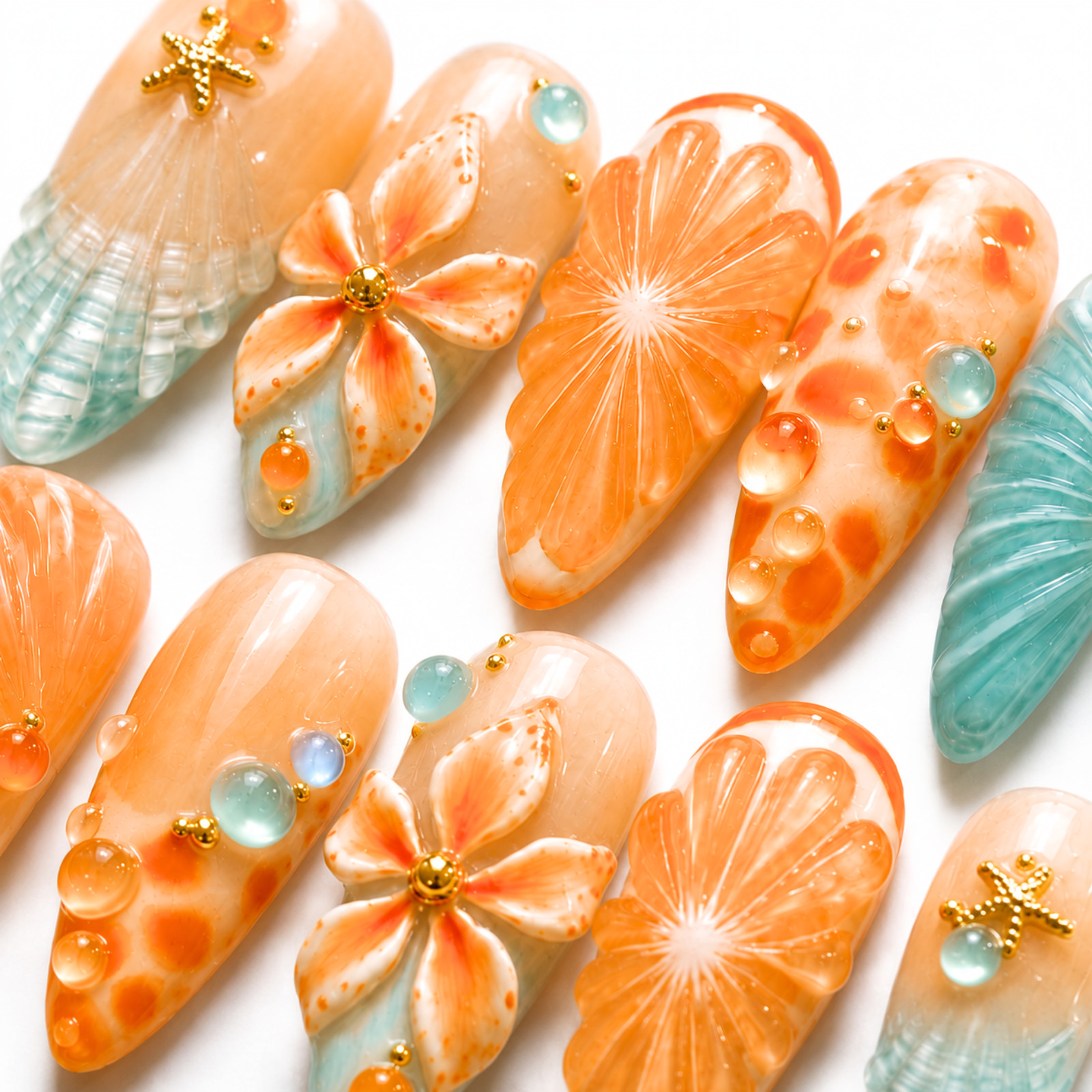 Handmade Orange 3D Floral Press On Nails Seashell Pearl Starfish