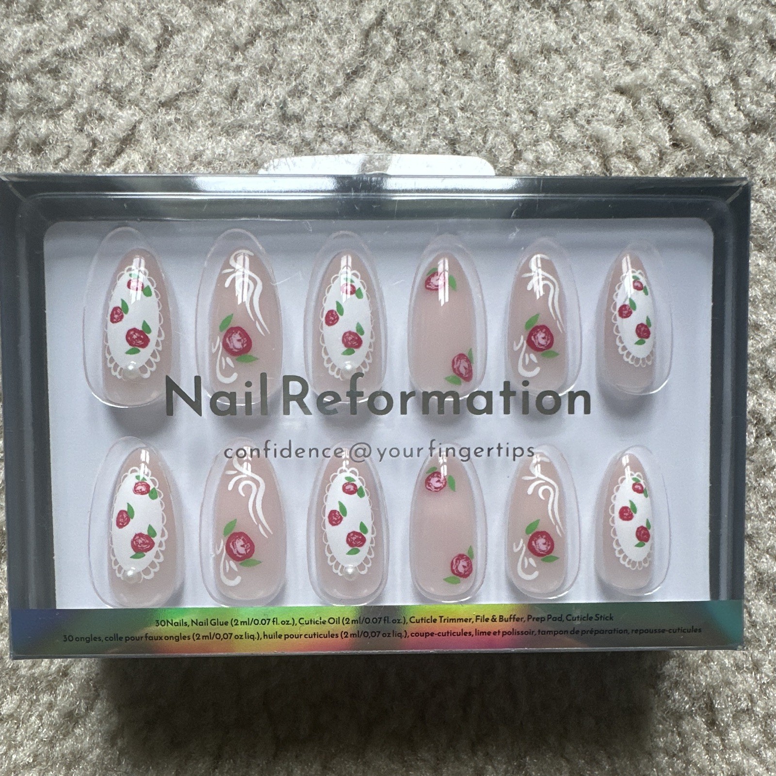 NailReformation Beige Pink Green Floral French Almond Press-On Nails Set, Medium
