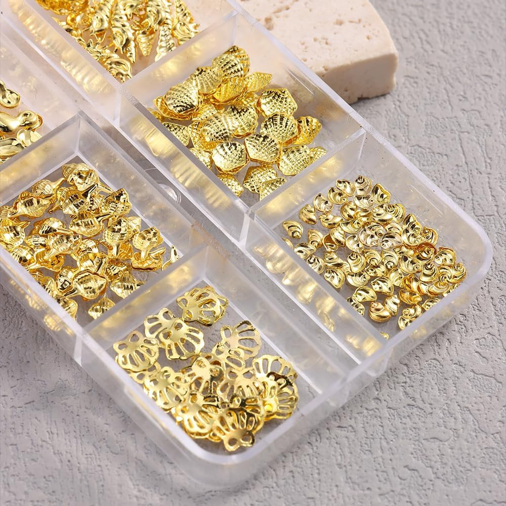 2Boxes Gold Summer Ocean Nail Charms and Gems Metal Small Seashell Starfish Seah