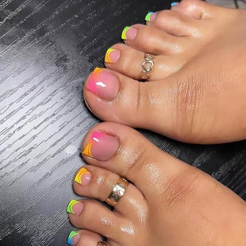 24Pcs French Toe Nail Press ons Pink Fake Toe Nails for Women Short Square W1
