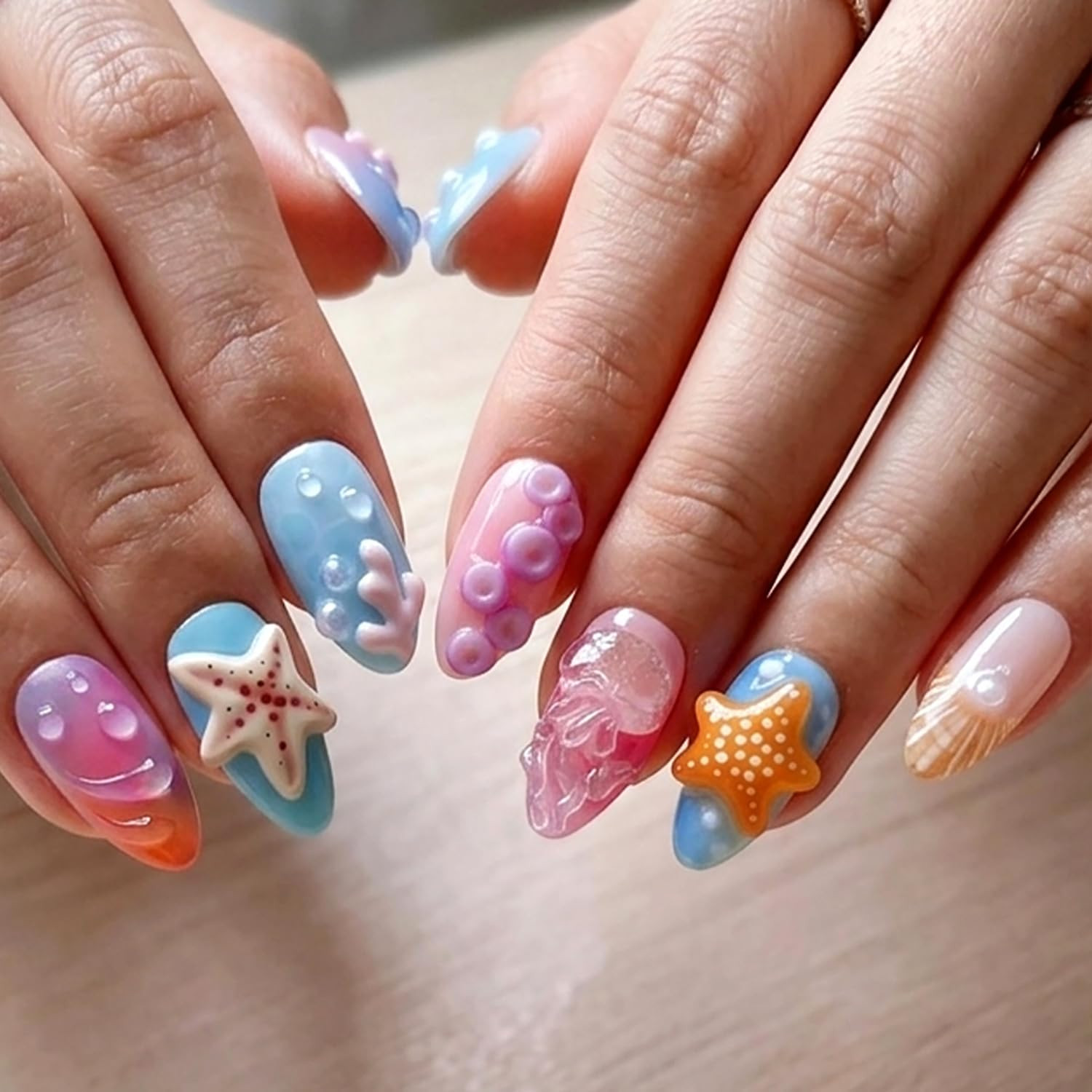 30Pcs Summer Press on Nails Medium Almond Fake Nails with 3D Floral Jellyfish St
