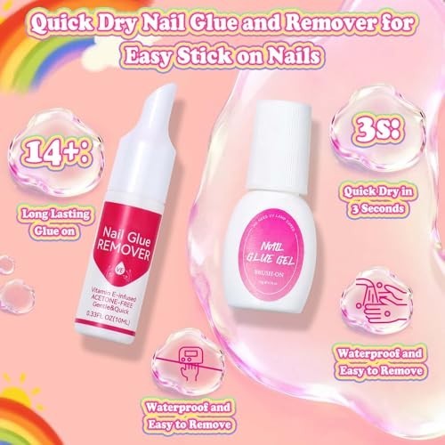 576 Pcs Kids Press-On Nail Art Kit with Glue & Storage Case, Cute Gift for Ages