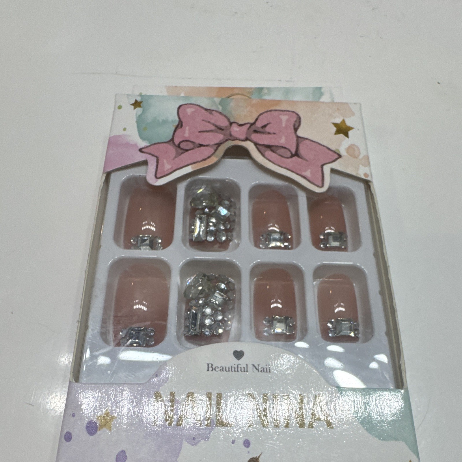 Nail Nina Press-On Nails Pink Silver 3D Shiny Square Full Cover Acrylic Set