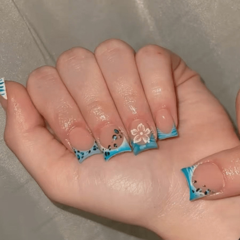 48Pcs Blue Leopard French Floral Coffin Press on Nails,Minimal Trendy Fake Nails