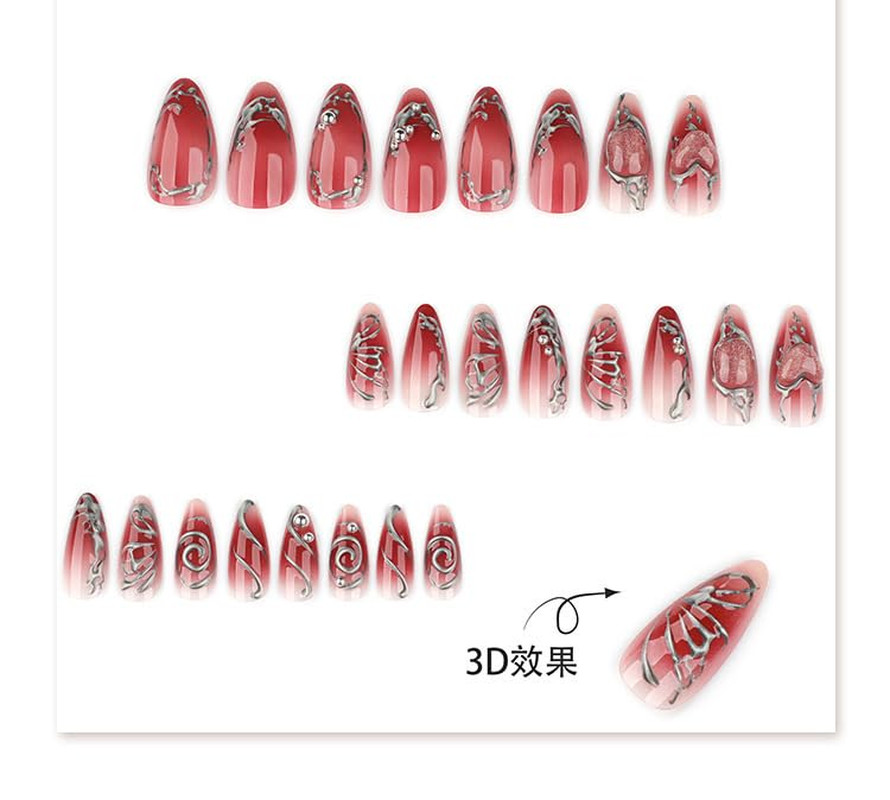24Pcs Red Y2K Press on Nails Medium Almond Fake Nails Gothic Heart Butterfly Pun