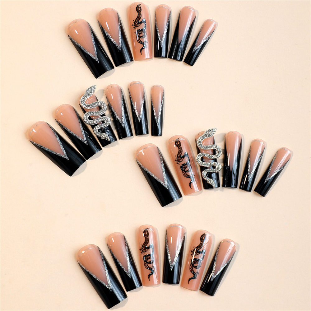 24pcs Ultra-long French False Nail Long Lasting Black Edge Resin Artificial Nail
