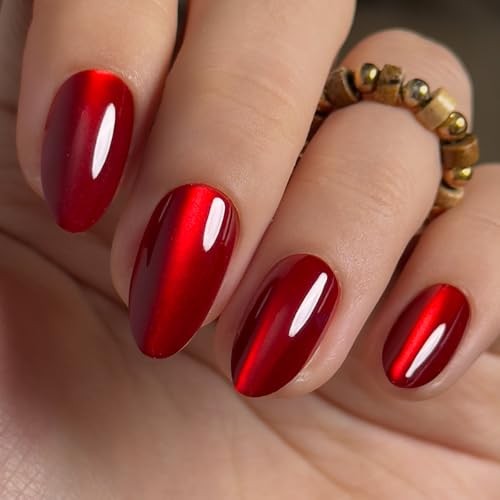 Soft Gel Almond Press On Nails – Medium Red Strip Cat Eye Almond Nails