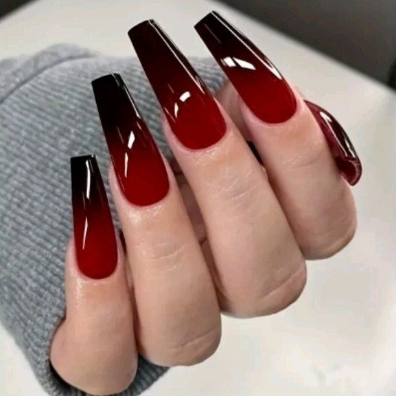 Press On Nails Medium Long Coffin Shaped, Red And Black Fake Nails Kit Gradient
