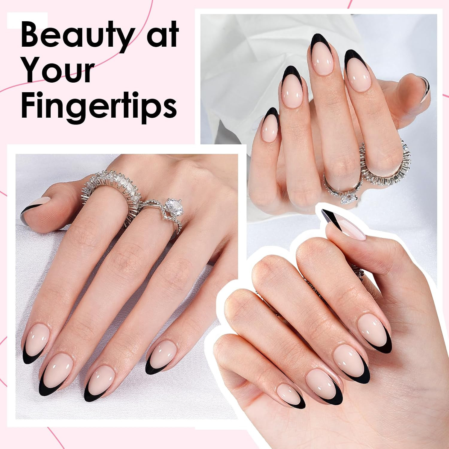 Black French Tip Press on Nails, 30Pcs Short Press on Nails Almond Reusable Acry