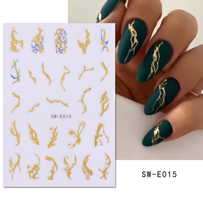 Nail Art Sticker Decal 3D Acrylic Blue Ink French Lines Marbles Golden Wave NS43