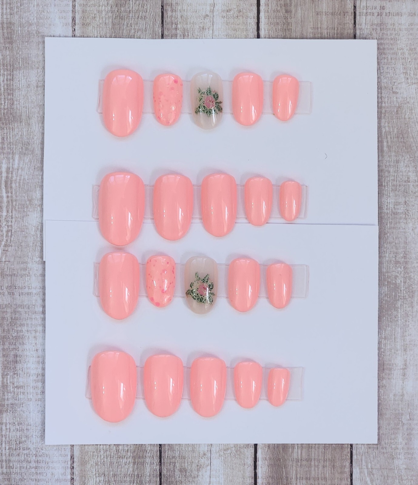 Custom Press On Handmade Gel Nails Pink Floral Glitter Accent Oval Short 20 Tips