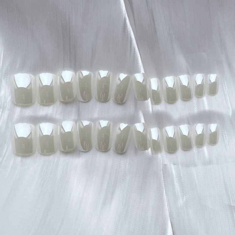 48Pcs-Medium Square Glossy Shiny White Chrome Press on Nails Set